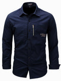 themeisles New Large Size Four Seasons Men's Long-sleeved Lapel Zipper Shirt Cotton Military Outdoor Leisure Solid Color Shirt