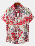 themeisles Summer New Printed Short-sleeved Men's Floral Shirts Floral Men's Loose Type Short-sleeved Casual Shirt Men's