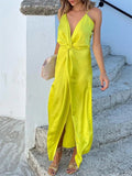 themeisles Sexy Dress Silky Fabric New Deep V Dress Open Backless Halter Dress Female