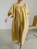 themeisles Original Casual Loose Solid Color Pleated Puff Sleeves Midi Dress