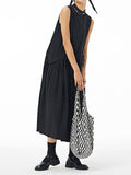 themeisles Solid Color Pleated Sleeveless Loose Stand Collar Shirt Dress Midi Dresses
