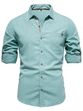 themeisles Summer New Solid Color Lapel Men's Cotton Shirt Fashion Casual Men's Embroidered Solid Color Long-sleeved Cardigan Shirt Men