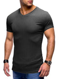 themeisles Summer Men's Sports and Fitness Short-sleeved T-shirt Vertical Striped Solid Color Collarless Men's Slim V-neck Tops Ice Silk Bodysuit