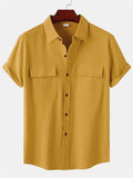 themeisles Summer New Men's Linen Short-sleeved Shirt Men's Square Collar Casual Cotton Linen Shirt Hemp Material Pure Color Half-sleeved Blouse
