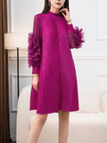 themeisles Solid Color Pleated Embroidered Loose Long Sleeves Round-neck Midi Dresses