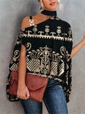 themeisles Summer Hanging Neck Bat Sleeve Printed Shirt Ladies Shirt Women