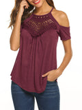 themeisles Solid Color Short-sleeved Female Summer Embroidery Hanging Neck Paragraph Suspenders Sexy Top T-shirt Strapless Casual Top T-shirt