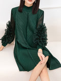 themeisles Solid Color Pleated Embroidered Loose Long Sleeves Round-neck Midi Dresses