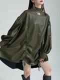 themeisles Solid Color Pleated Drawstring Puff Sleeves Loose Stand Collar Mini Dresses
