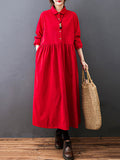 themeisles Vintage Split-Joint Solid Color Long Sleeves Lapel A-Line Corduroy Midi Dress