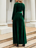 themeisles Zipper Solid Color Pleated Belted Wrap Long Sleeves Round-Neck Maxi Dresses