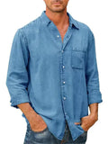 themeisles Men's Casual Shirt Black White Army Green Navy Blue Blue Long Sleeve Solid Color Turndown Street Daily Button-Down Clothing Apparel Cotton Denim Casual Comfortable Pocket