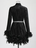 themeisles Velvet Solid Color Feathers Chains Long Sleeves A-Line Stand Collar Mini Dresses