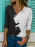themeisles Black and White Long-sleeved Cat Print Casual Tops Casual Daily Women's Clothing