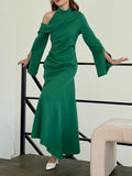 themeisles Flared Sleeves Asymmetric Buttoned Hollow Solid Color Zipper Cold Shoulder Evening Dresses Maxi Dresses
