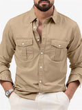 themeisles New Solid Color Men's Lapel Shirts with Multiple Pockets Casual Fashion Long-sleeved Tops for Men