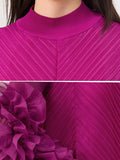 themeisles Solid Color Pleated Embroidered Loose Long Sleeves Round-neck Midi Dresses