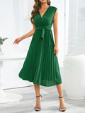 themeisles Tied Waist Solid Color Pleated Sleeveless V-Neck Midi Dresses