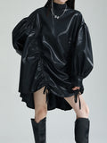 themeisles Solid Color Pleated Drawstring Puff Sleeves Loose Stand Collar Mini Dresses