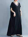 themeisles Casual Artistic Retro Striped V-Neck Short Sleeves Maxi Dress