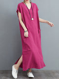 themeisles Simple Ramie Cotton Solid Color Split-Side With Pocket V-Neck Short Sleeves Maxi Dress