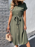 themeisles Solid Color Ribbed Short Sleeves Loose Lapel Midi Dresses