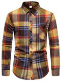 themeisles Men's Business Brushed Lapel Long-sleeved Shirt Loose Color Collision Plaid Fashion Long-sleeved Pocket Shirt Men
