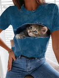themeisles Summer T-shirt Cat 3D Round Neck Short-sleeved Top T-shirt Blue Purple Green
