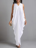 themeisles Loose Sleeveless Pleated Solid Color V-Neck Maxi Dresses