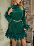 themeisles Velvet Solid Color Feathers Chains Long Sleeves A-Line Stand Collar Mini Dresses