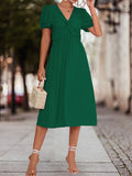 themeisles Split-Joint Solid Color Pleated Knot Elasticity Short Sleeves Puff Sleeves V-neck Midi Dresses