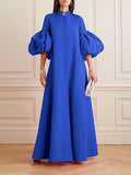 themeisles Loose Flower Shape Solid Color Stand Collar Lantern Sleeves Maxi Dresses