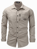 themeisles New Large Size Four Seasons Men's Long-sleeved Lapel Zipper Shirt Cotton Military Outdoor Leisure Solid Color Shirt