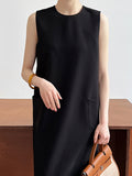 themeisles Solid Color Sleeveless Loose Round-Neck Midi Dresses