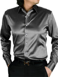 themeisles Men's Button Up Shirt Dress Shirt Collared Shirt Prom Shirt Satin Silk Shirt Black White Red Long Sleeve Plain Turndown Spring, Fall, Winter, Summer Wedding Party Clothing Apparel Button-Down