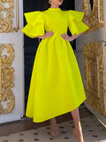 themeisles Original Loose Half Sleeves Falbala Solid Color Round-Neck Midi Dresses