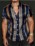 themeisles Men's Shirt Striped Short Sleeve Tops Green Black Blue Purple Outdoor Street Button-Down Print Shirt Fashion Casual Breathable Comfortable Summer