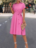 themeisles Tied Waist Solid Color Buttoned Short Sleeves High Waisted Lapel Collar Shirt Dress Midi Dresses