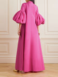 themeisles Loose Flower Shape Solid Color Stand Collar Lantern Sleeves Maxi Dresses
