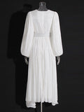 themeisles Solid Color Pleated Belted Puff Sleeves Loose V-Neck Maxi Dresses