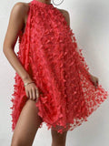 themeisles Split-Joint Solid Color Pleated Jacquard Sleeveless Loose Stand Collar Mini Dresses