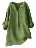 themeisles Summer Women's Cotton Linen Loose Solid Color Blouse Cotton Linen Long Sleeve Tops Pocket S-5XL