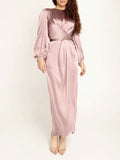 themeisles Zipper Tied Waist Solid Color High-Waisted Wrap Round-neck Maxi Dresses