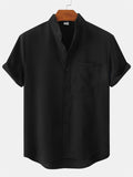 themeisles Summer New Machine-washable Men's Stand-up Collar Hot Short-sleeved Solid-color Cotton Linen Pocket Decorative Men's Shirt