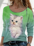 themeisles White Cat Print Pattern Round Neck Long Sleeve T-shirt Tops Green Gray Red Blue Pink