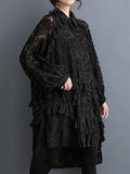 themeisles Tasseled Split-side Split-Joint Solid Color Flower Print Buttoned Loose Long Sleeves Lapel Midi Dresses