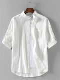 themeisles Summer Models Stand Collar Cotton Linen Medium-sleeved Shirt Trend Men Linen Loose Seven-point Sleeve Large Yards Solid Color Shirt Men
