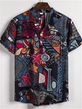 themeisles Summer New Fashion Urban Short-sleeved Linen Cardigan Shirt Men's Printed Casual Comfortable Style Flower Shirt