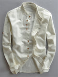 themeisles Men's Four Seasons Casual Linen Slim Long-sleeved Shirt Stand-up Collar Cotton Linen Solid Color Shirt Cardigan