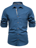 themeisles Summer New Solid Color Lapel Men's Cotton Shirt Fashion Casual Men's Embroidered Solid Color Long-sleeved Cardigan Shirt Men